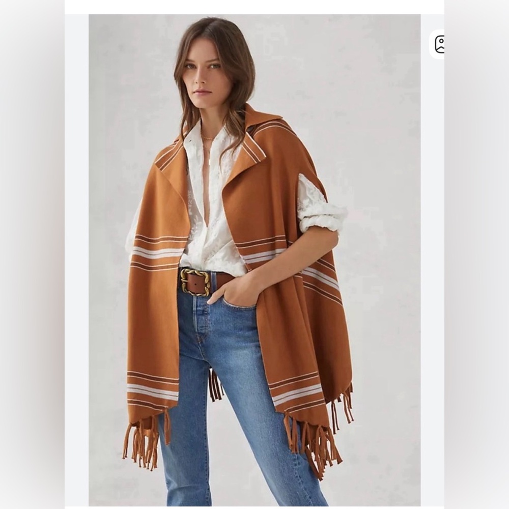 Anthropologie Brown Fringed Cape with White Stripes